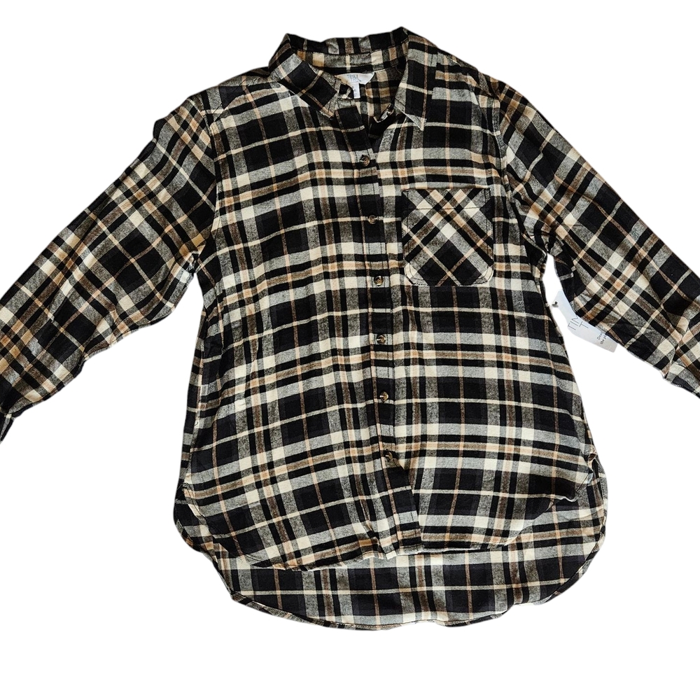 Women Small Plaid Flannel Shirt - Black and Tan